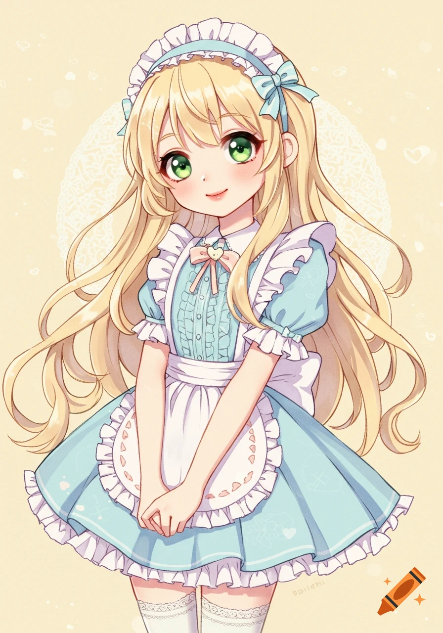 Anime girl with long blonde hair and green eyes wearing a baby blue maid dress in a pastel style.