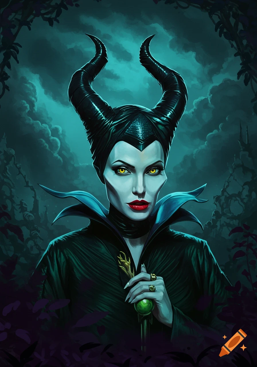 Portrait of Maleficent with horns, pale skin, yellow eyes, and staff.