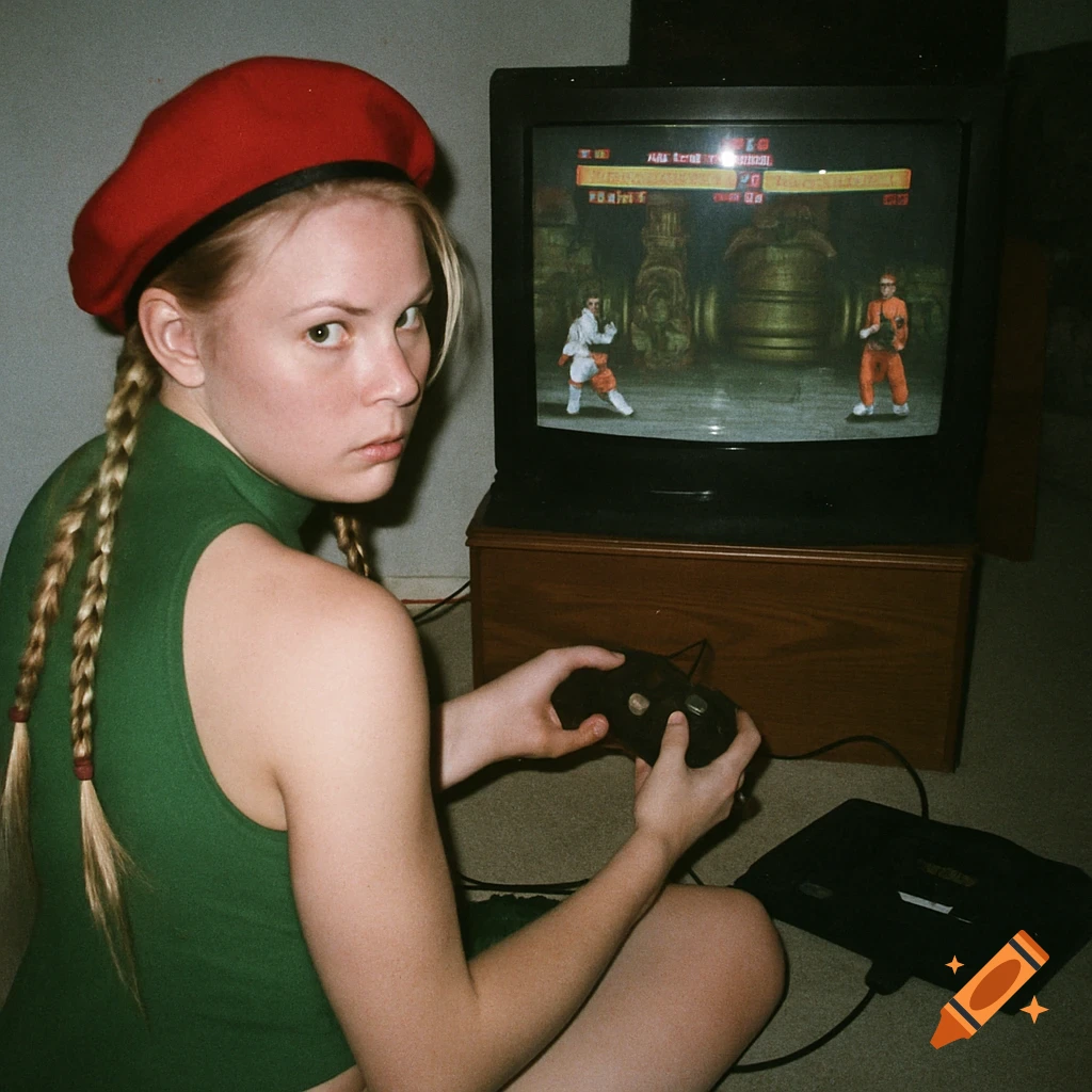 A woman dressed as Cammy White plays a retro video game on a CRT television, holding a controller.