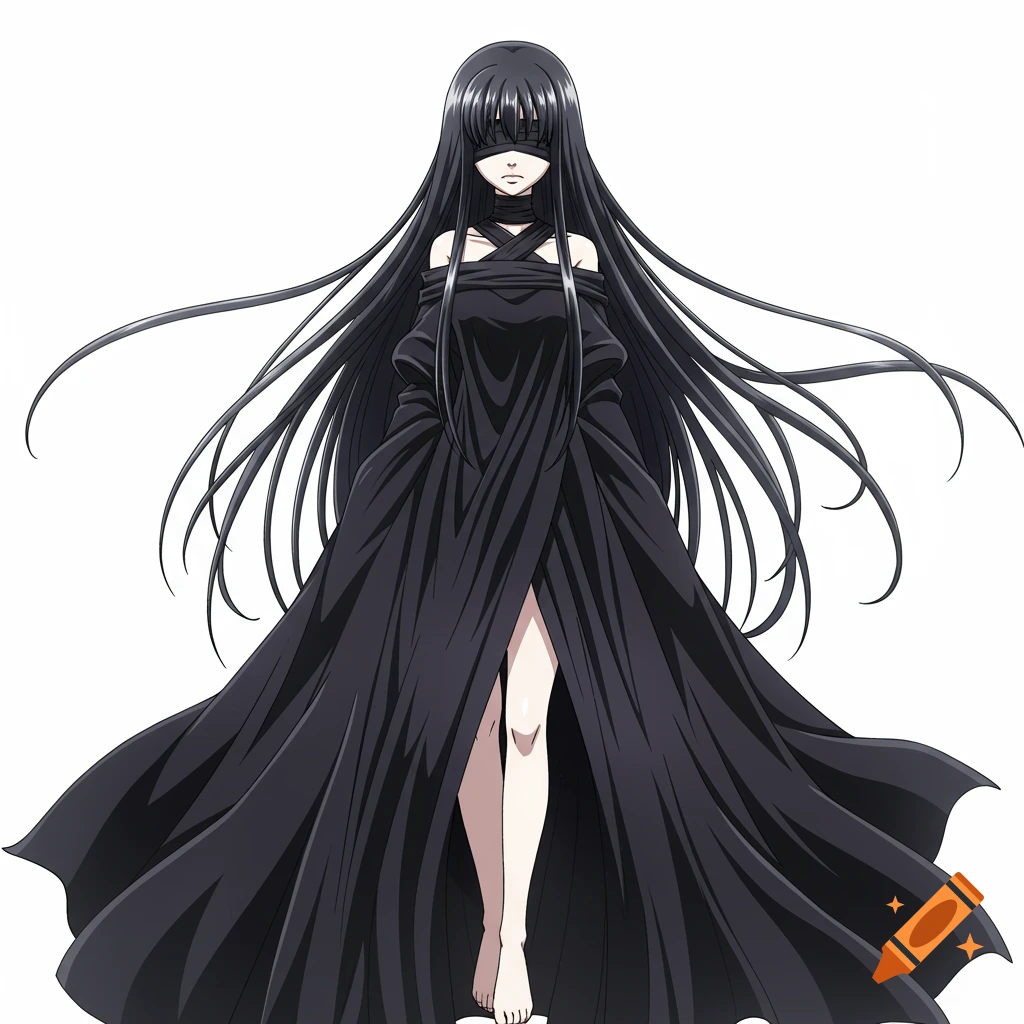 Anime girl with long black hair, blindfold, and long black gown