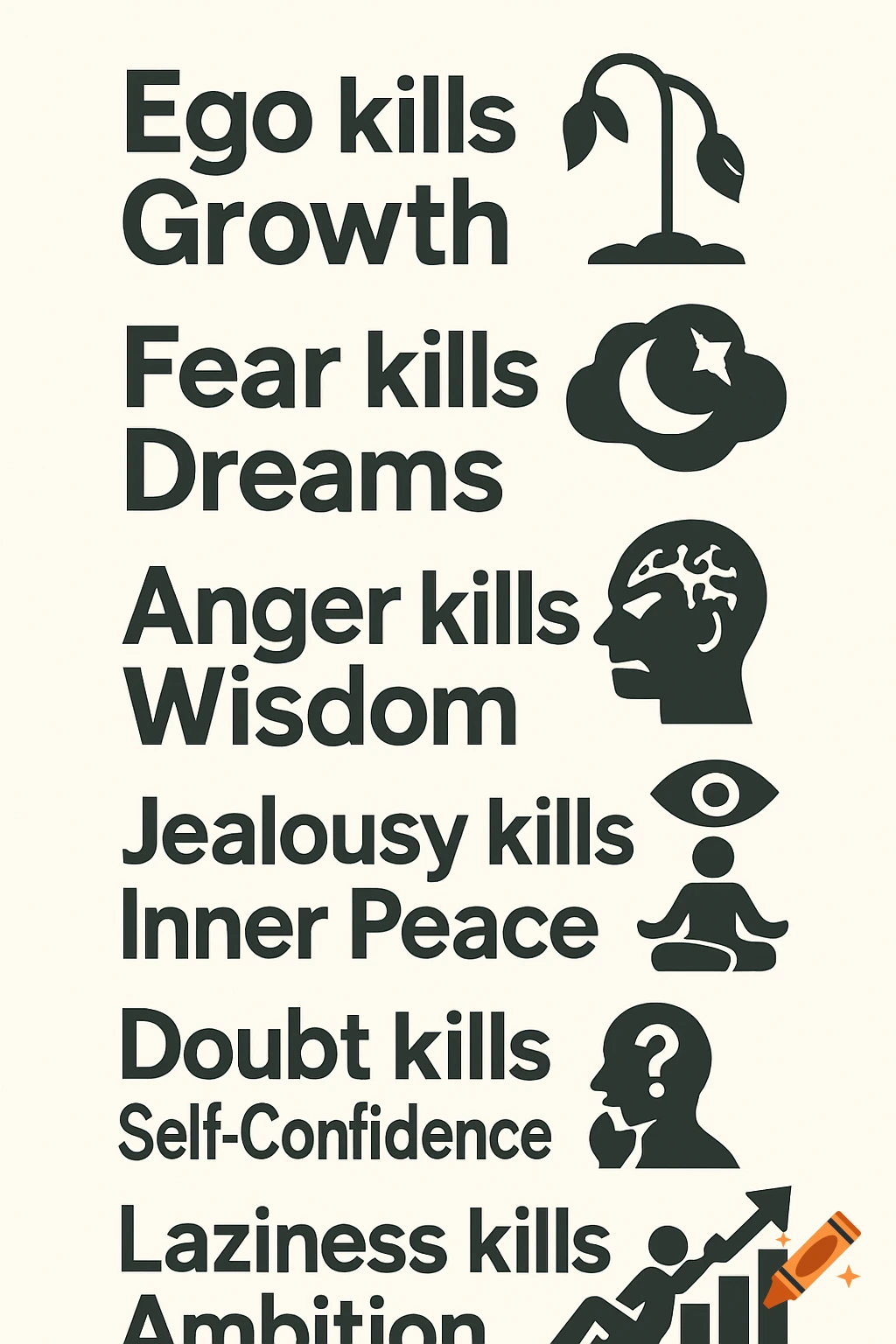 Graphic poster listing things that hinder personal growth with text and simple icons.