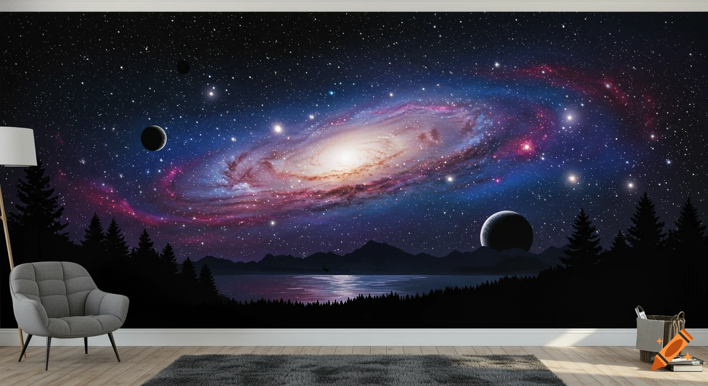 A galaxy, stars, planets, mountains, lake, trees on a wall mural with a chair and lamp.