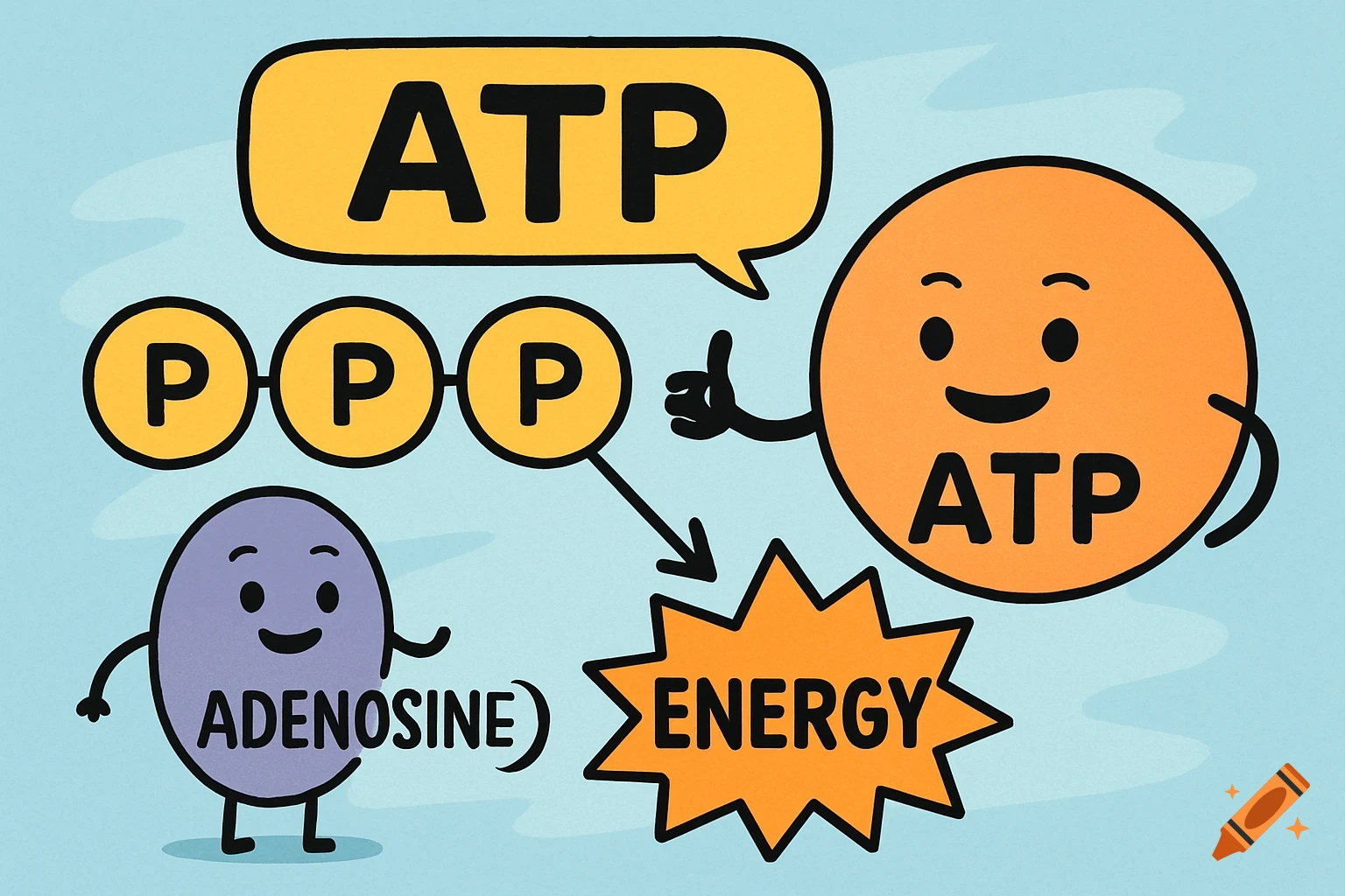 Cartoon illustrating the breakdown of ATP into Adenosine, Phosphate, and Energy.