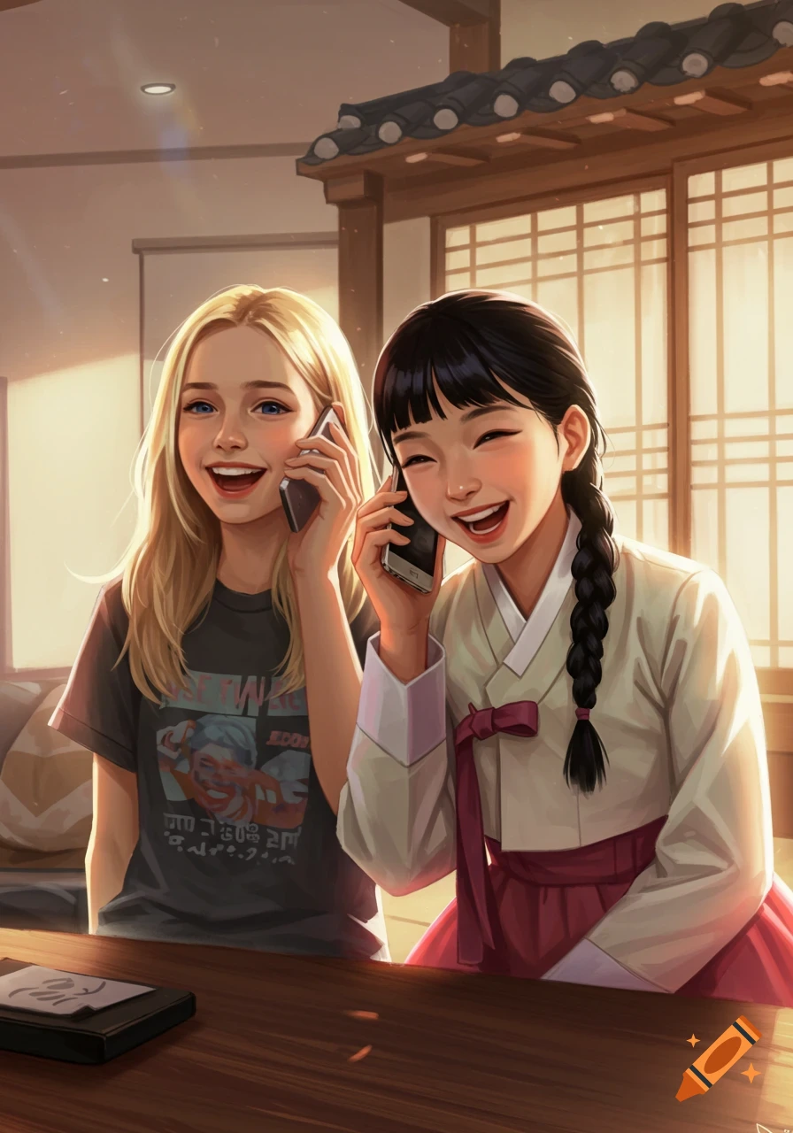 Illustration of two smiling girls talking on phones, one in a Korean outfit, one in a t-shirt.
