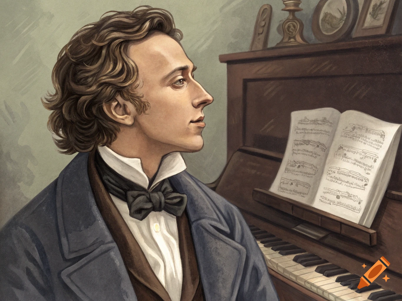 Illustration of a man in historical clothes at a piano with sheet music.
