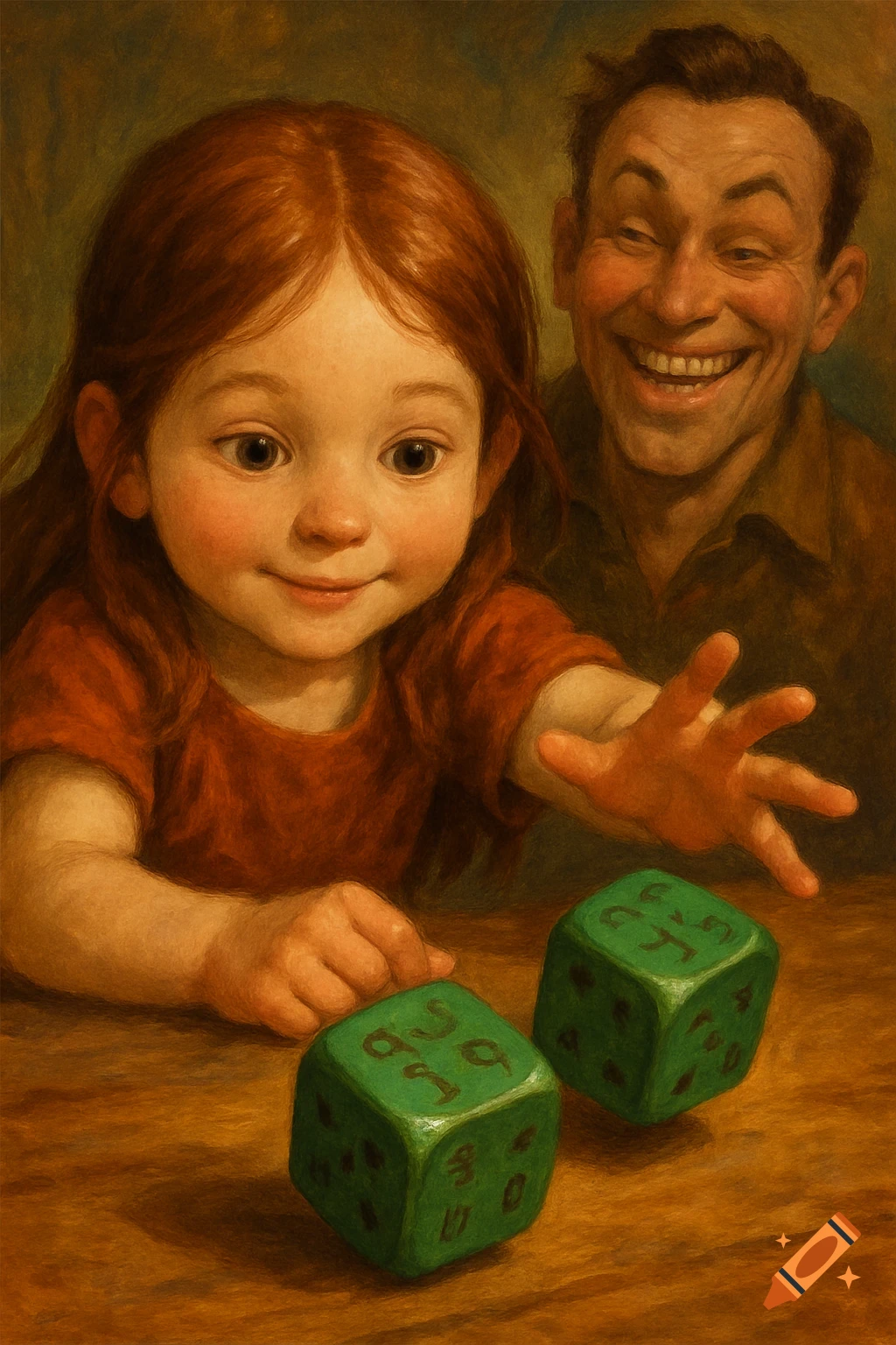 A girl rolls green dice as a man grins in the background, rendered in a painterly style.