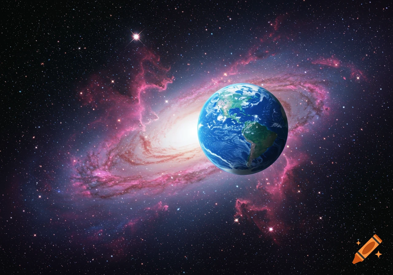The planet Earth is in front of a large pink and white spiral galaxy in space.