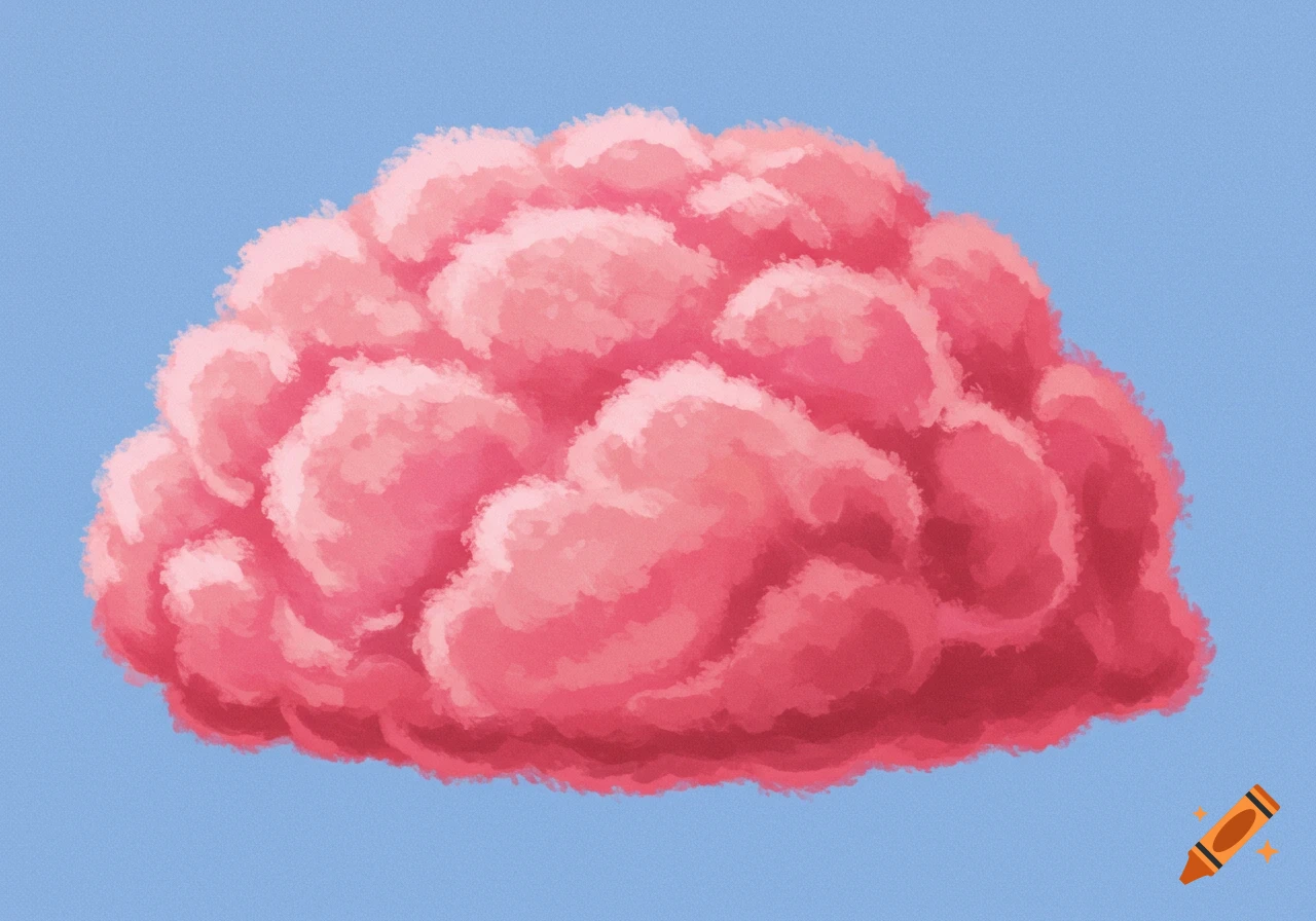 A pink fluffy object resembling a brain or cotton candy against a blue background, in a painted style.