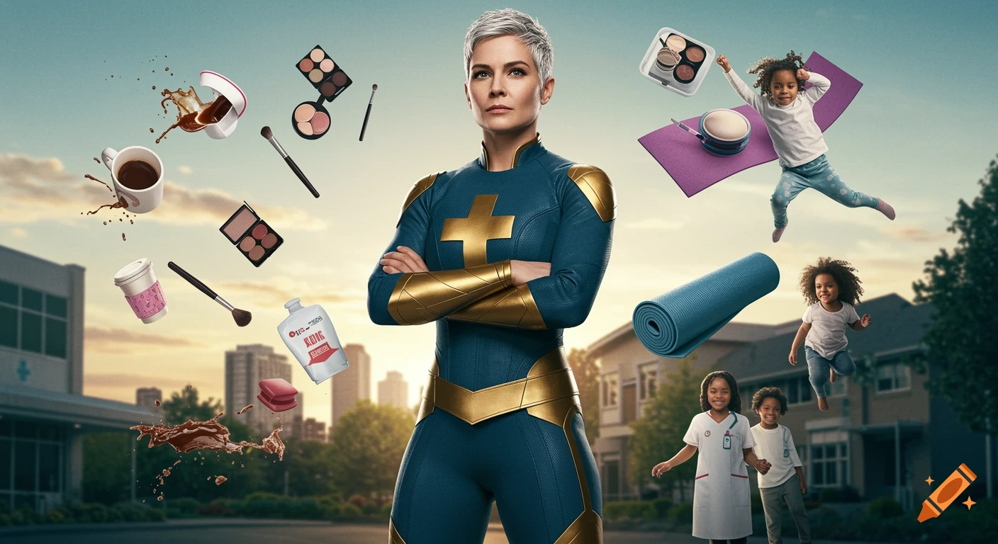 Female superhero with children and everyday objects floating around her in a cinematic style.