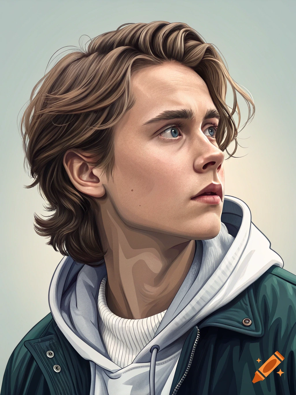 Digital painting portrait of a young man looking up