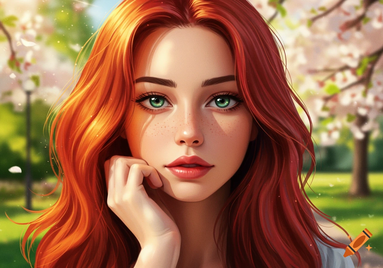 Portrait of a red-haired woman with green eyes and freckles, hand on chin, in a sunny park.