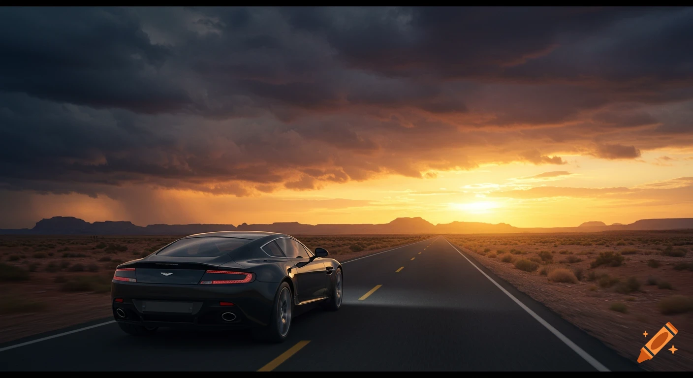 A black car drives on a desert highway towards a stormy sunset.