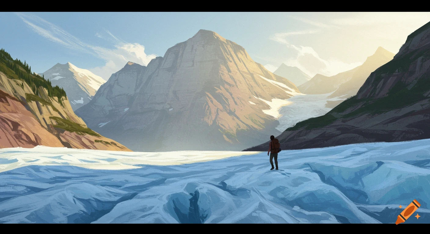 A lone hiker walks across a vast expanse of blue ice towards mountains under a bright sky, in a digital painting style.