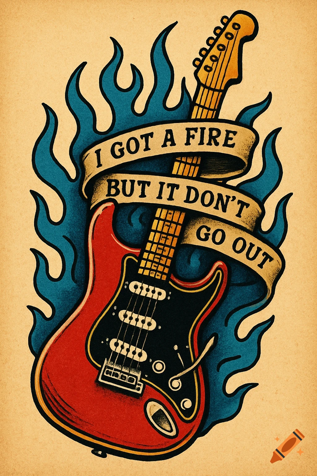 A vintage tattoo-style illustration of a red guitar with blue flames and a banner reading "I GOT A FIRE BUT IT DON'T GO OUT".