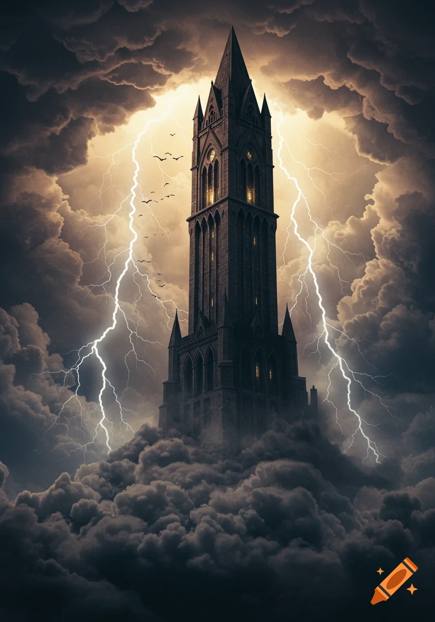 A dark tower stands tall amidst swirling storm clouds and flashes of lightning.