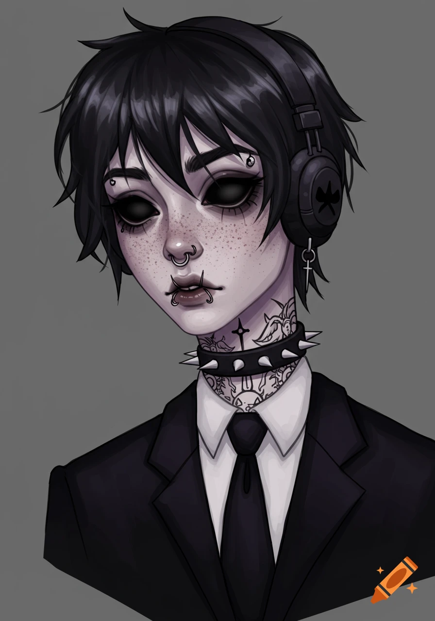 Illustrated portrait of a pale goth person with black eyes, piercings, tattoos, and headphones, wearing a suit.