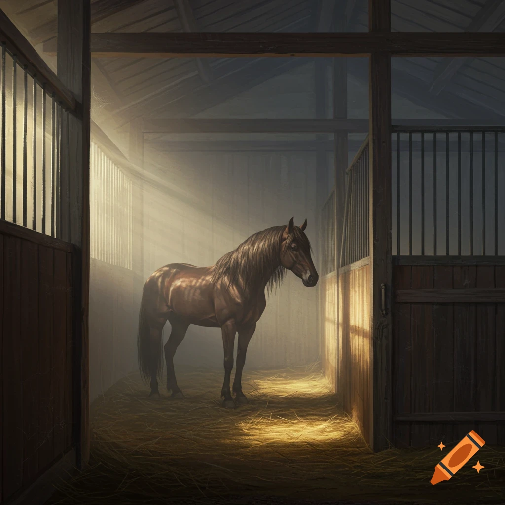 A brown horse stands in a dusty stable with sunlight streaming through wooden slats.