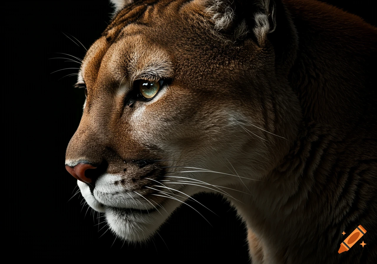 Close-up of a mountain lion's face in side view against a dark background.