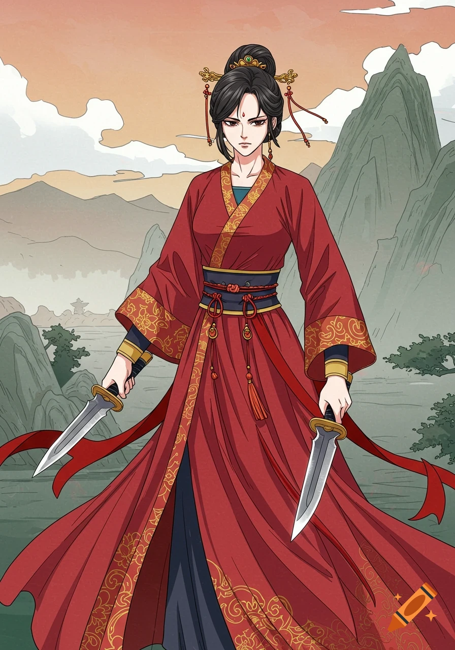 Manga style illustration of a woman in red ancient Chinese clothing holding two knives in a mountain landscape.