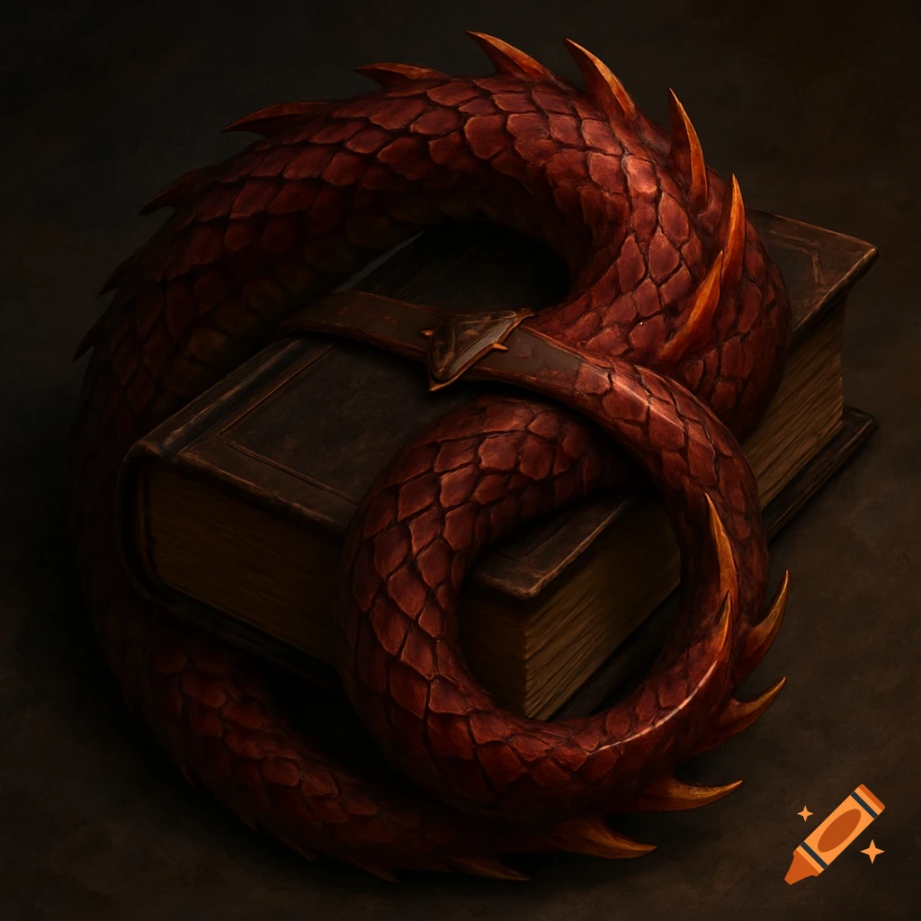 A detailed red dragon tail wrapped around stacked old books.