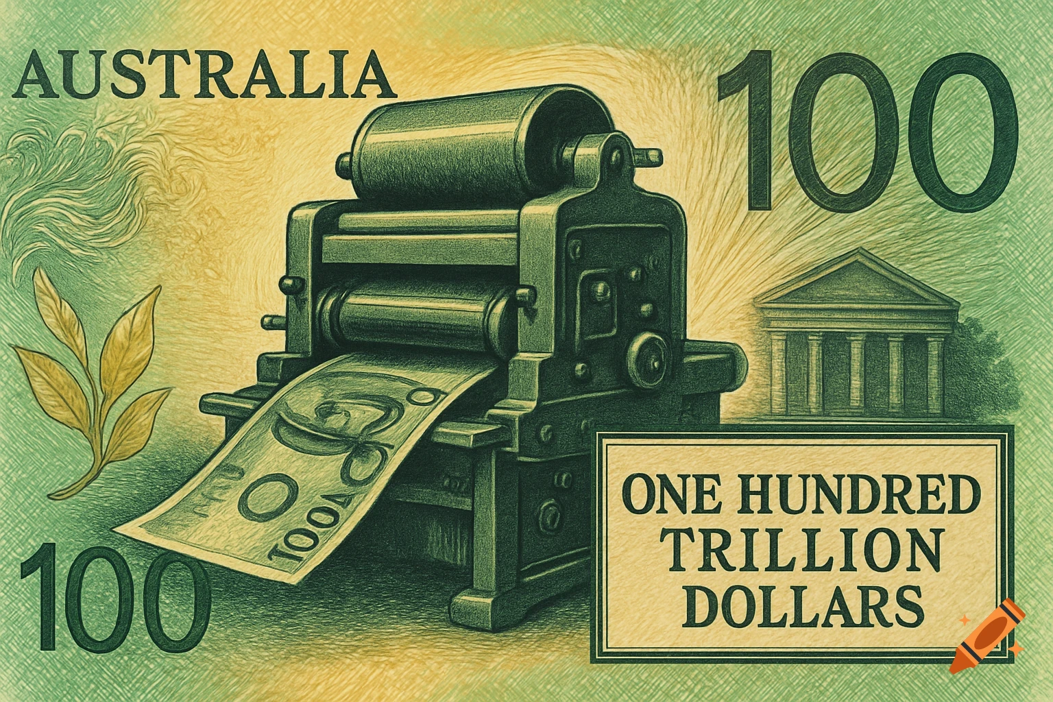 An illustration of a money printing press making a hundred trillion dollar Australian note, in the style of a banknote.