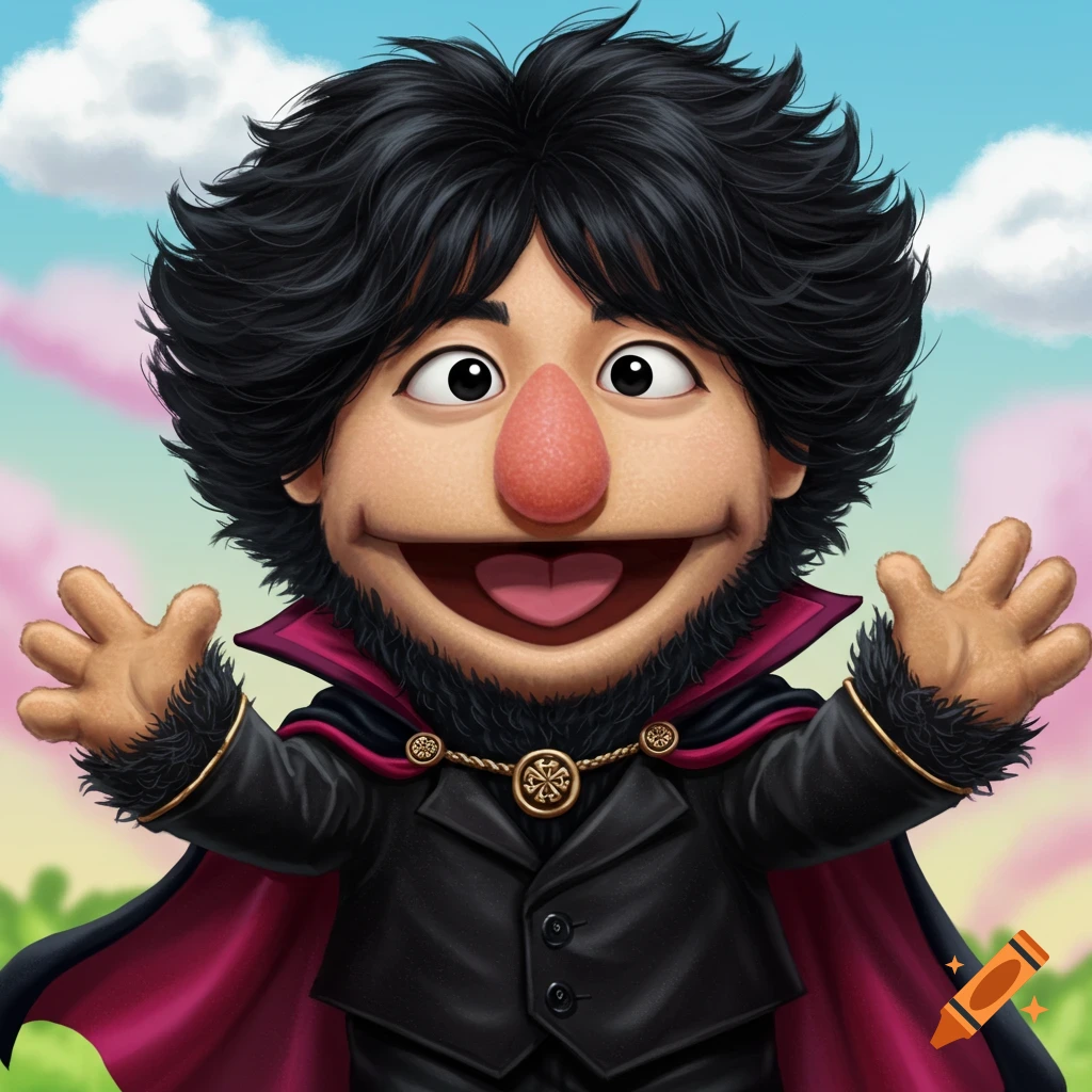 A muppet-style puppet character with black hair, red nose, black coat, and red-lined cape waves its hands.