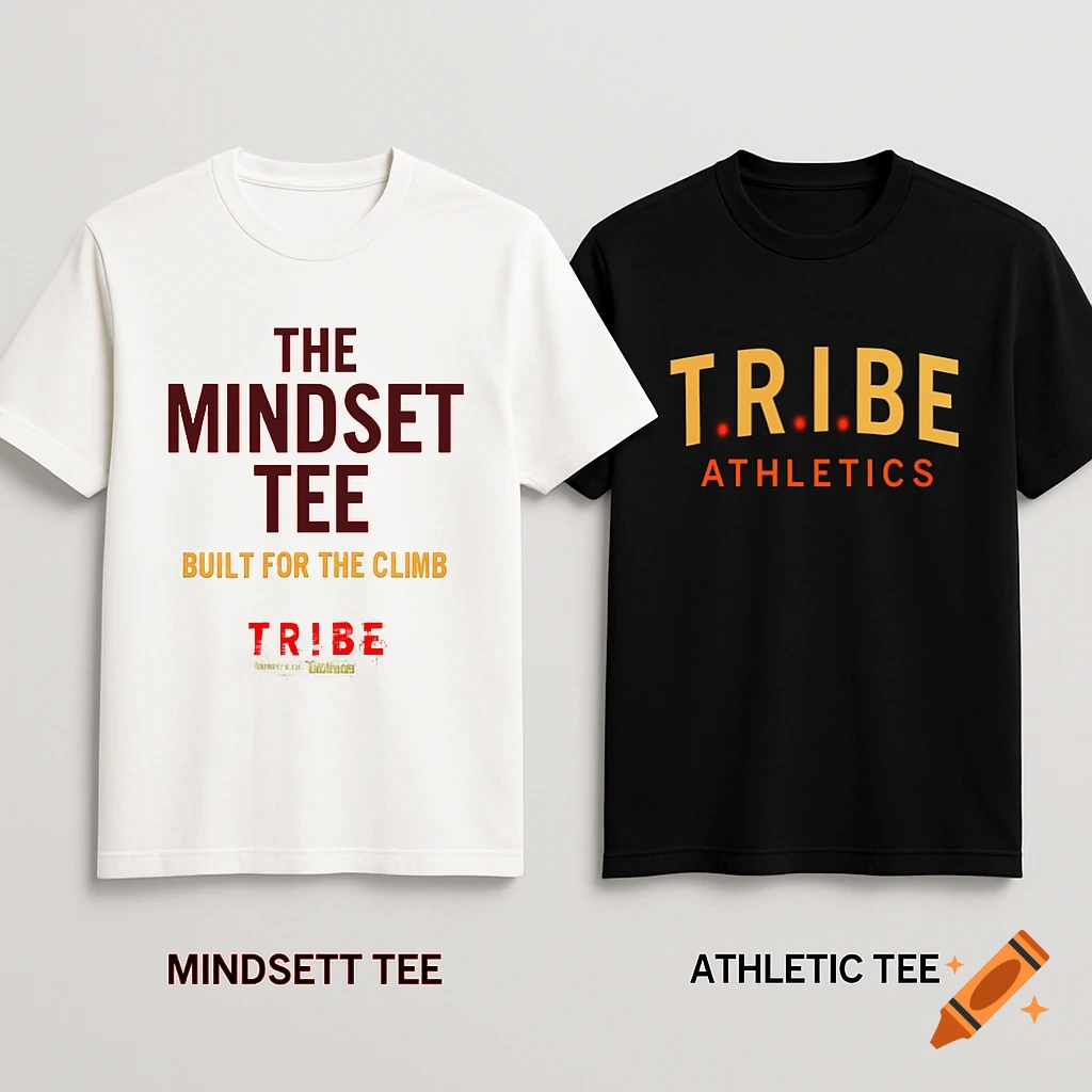 Two t-shirt mockups, one white with text "THE MINDSET TEE BUILT FOR THE CLIMB", one black with text "T.R.I.B.E. ATHLETICS".