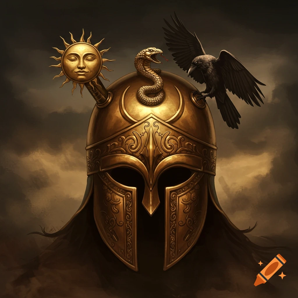 An ornate golden helmet adorned with a sun symbol, snake, and raven against a cloudy sky.