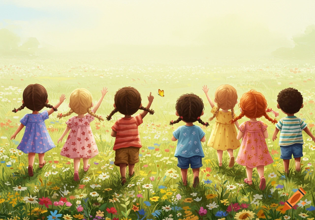 Whimsical image of children walking through a field of wildflowers, seen from behind.