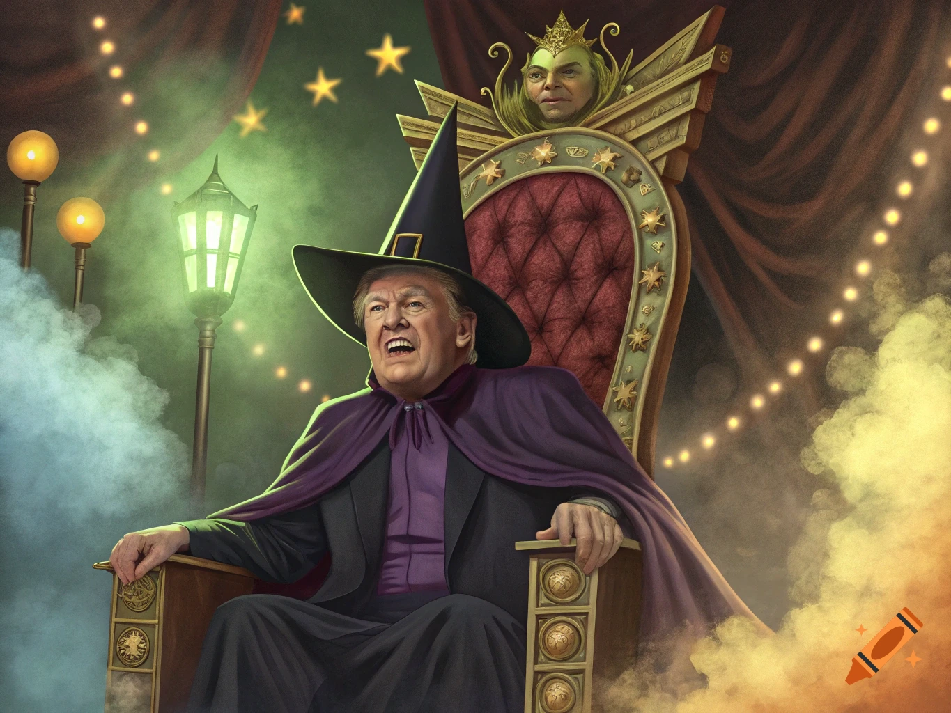Illustration of Donald Trump as the Wizard of Oz sitting on an ornate throne.