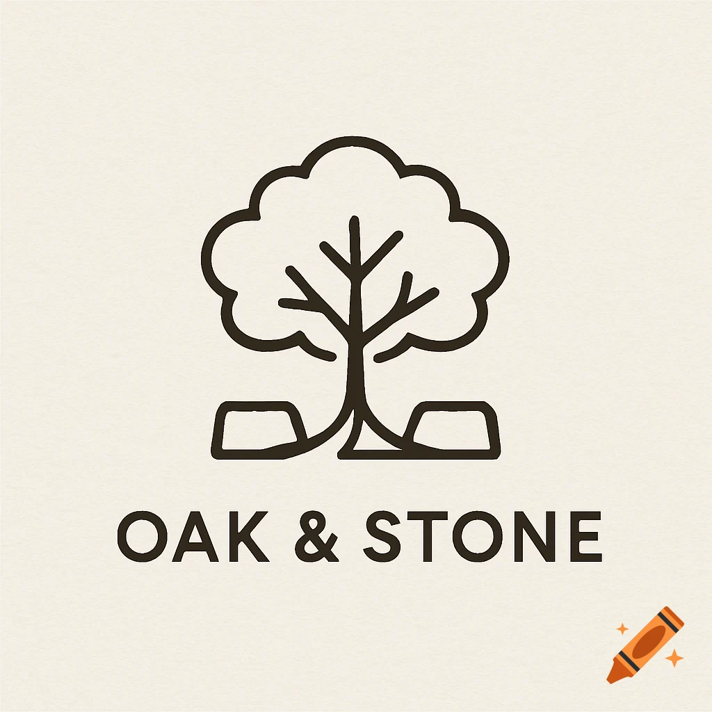 Minimalist logo with abstract tree and stones above the text OAK & STONE.