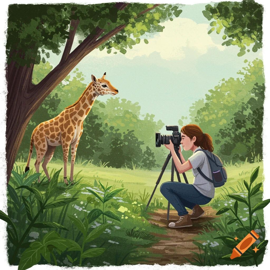 A person is photographing a giraffe in a forest.