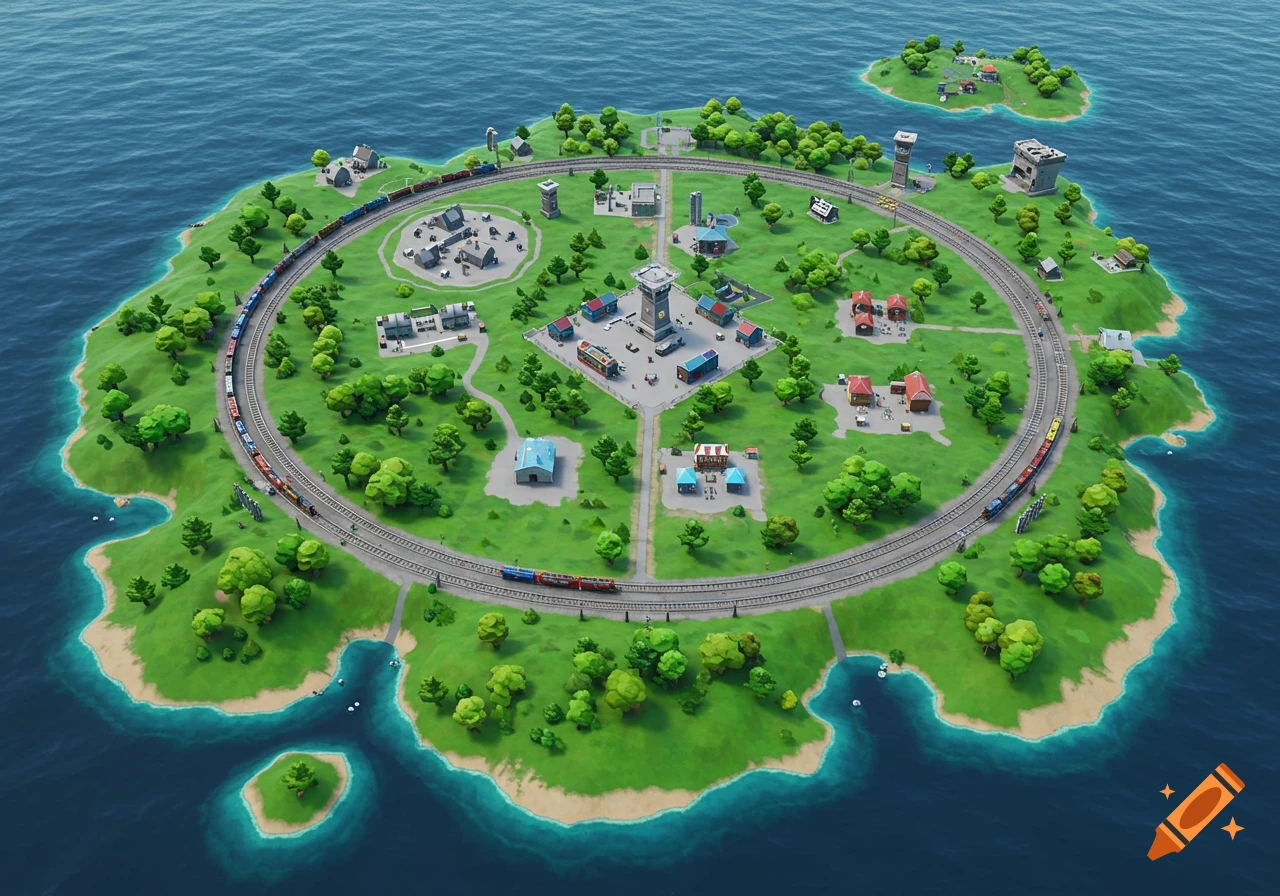 Aerial view of a stylized circular island map with a train track loop, buildings, and trees