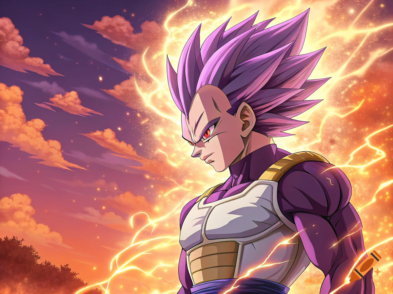 Anime style portrait of Vegeta with purple hair and armor, surrounded by yellow energy against a cloudy sky.