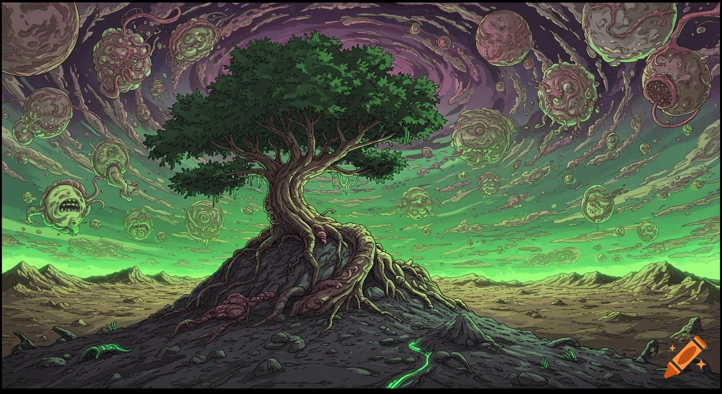 A gnarled tree on a rocky hill under a green and purple sky filled with strange, organic, floating eye-like forms in a stylized landscape.
