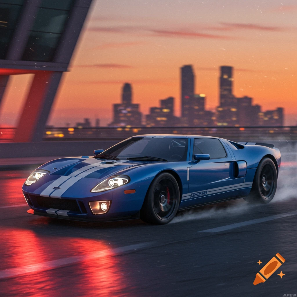 Blue Ford GT40 driving on a road with a city skyline at sunset.