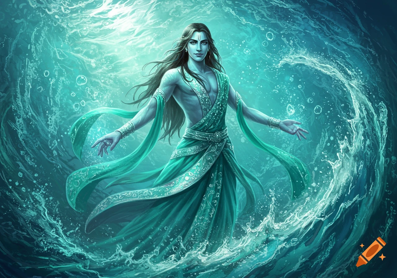 A male water god in a teal draped garment stands amidst swirling water and bubbles.