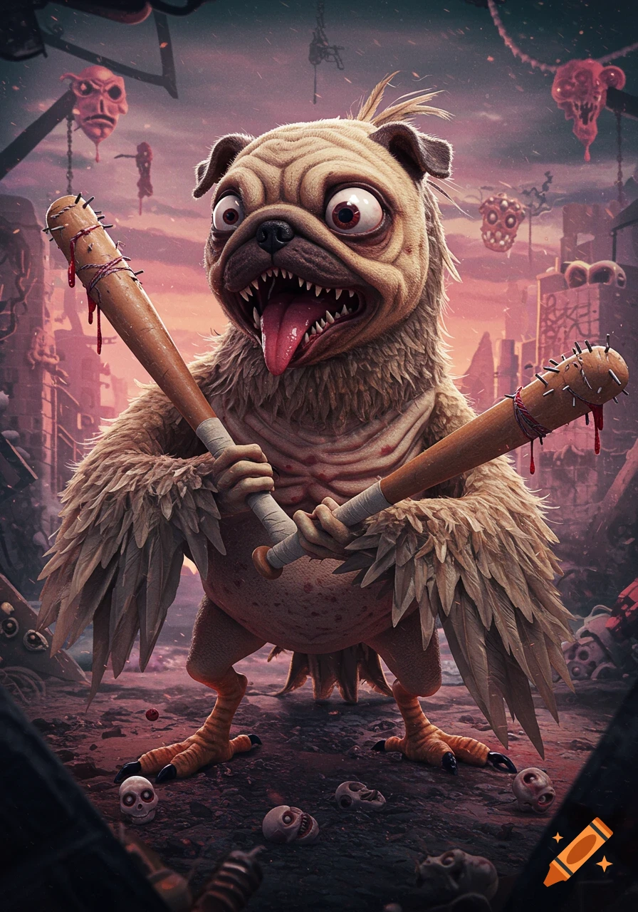 A grotesque pug-bird creature with baseball bats stands in a ruined city with hanging heads.