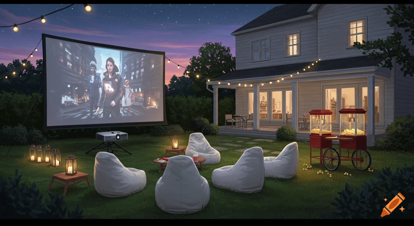 Backyard movie night setup with a projector screen, white bean bag chairs, lanterns, and a popcorn cart. A house is in the background.