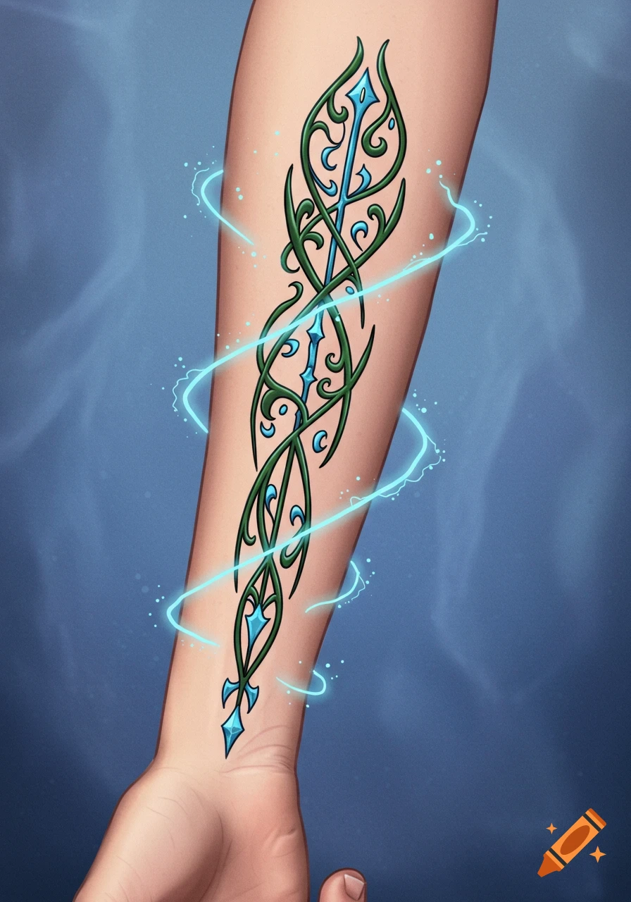 An intricate elvish symbol tattoo on an arm with blue magical energy.