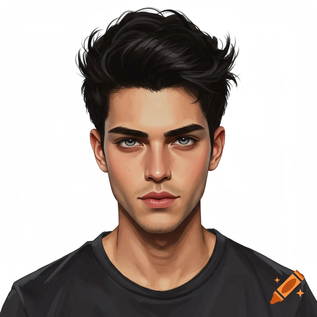 A young man with black hair and grey eyes wearing a black t-shirt.