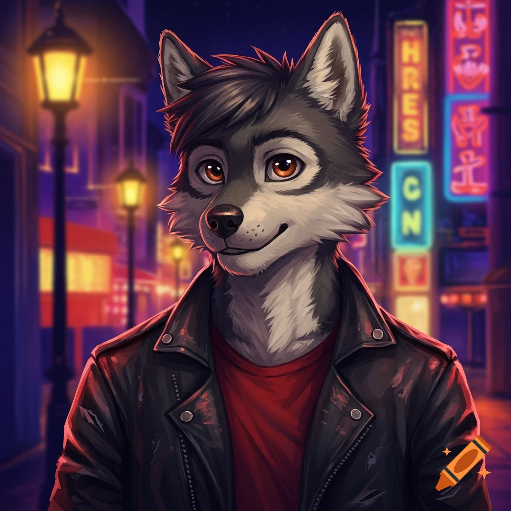 Anthro wolf in a leather jacket stands on a neon-lit city street at night, anime style.