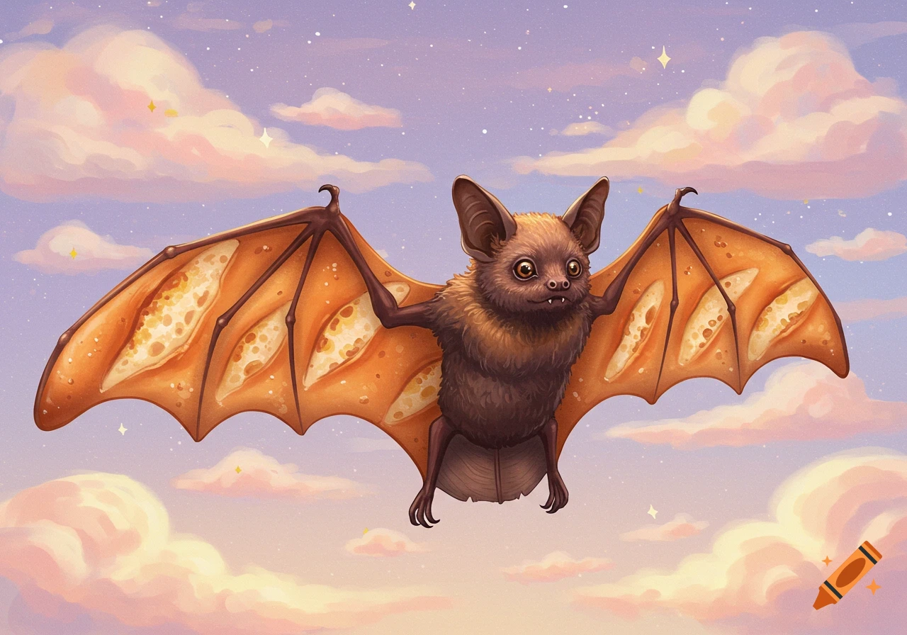 A cute cartoon bat flies through a starry sky with wings made of baguette bread.
