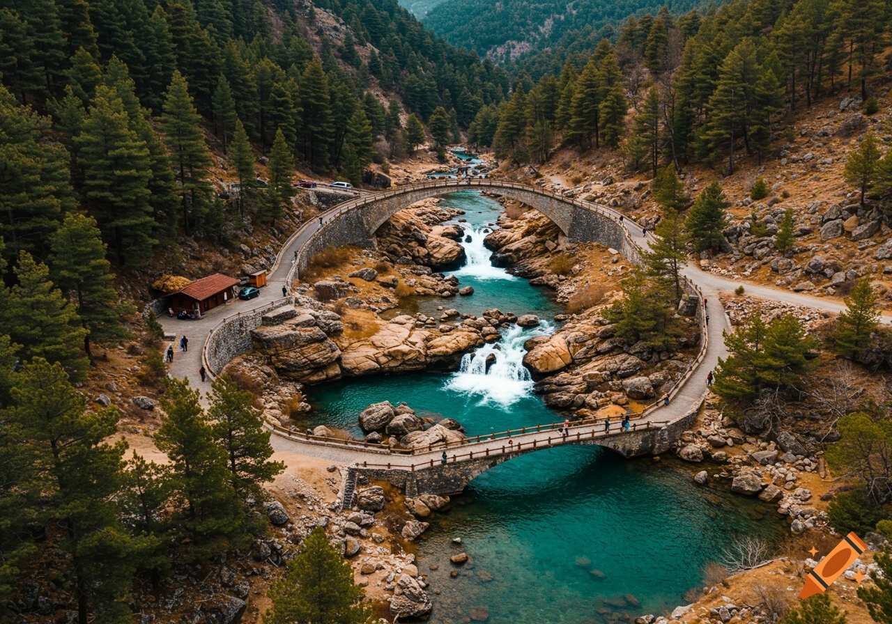 Scenic river flows through a rocky valley with two arched stone bridges.