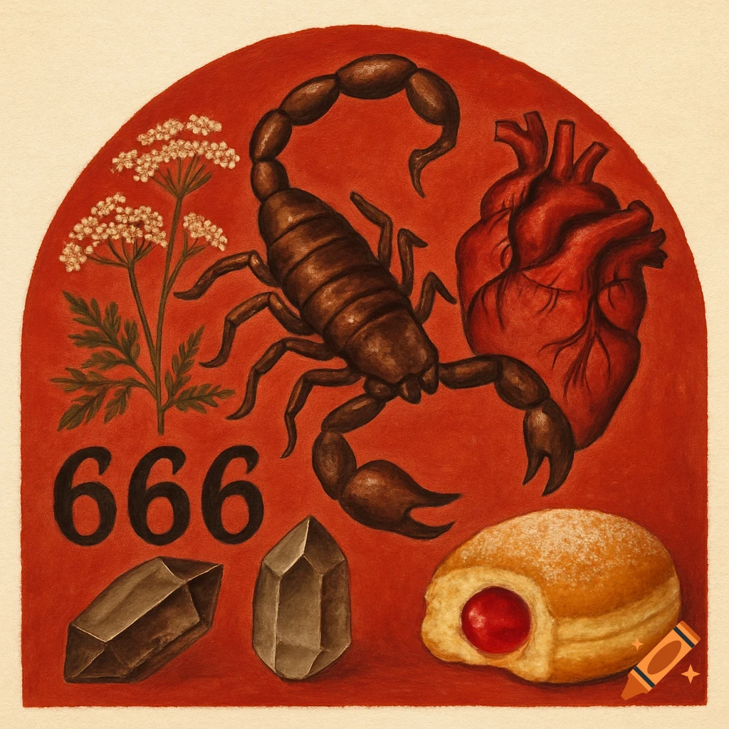 A red semi-circle contains illustrations of a scorpion, human heart, hemlock, two smoky quartz crystals, a jelly donut, and the number 666.