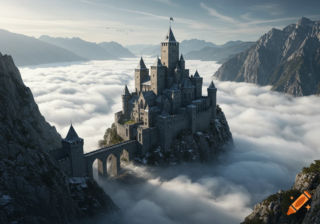 A large stone castle sits on a mountain peak rising above thick clouds, surrounded by distant mountains. Photorealistic style.