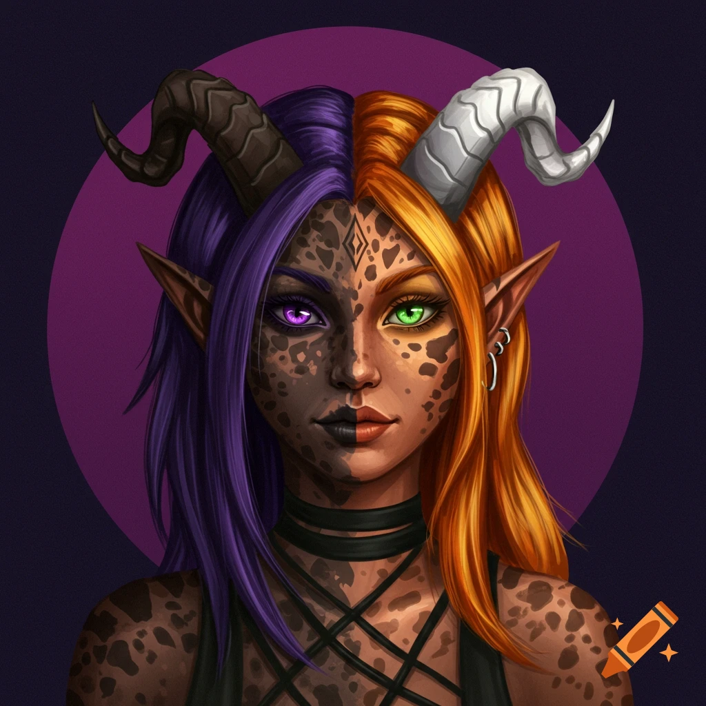Digital painting of a female Tiefling with split purple and orange hair, tortoiseshell skin, different colored eyes, and mismatched horns.