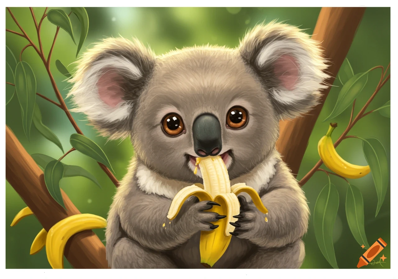 A cute picture of a koala sitting on a branch eating a peeled banana.