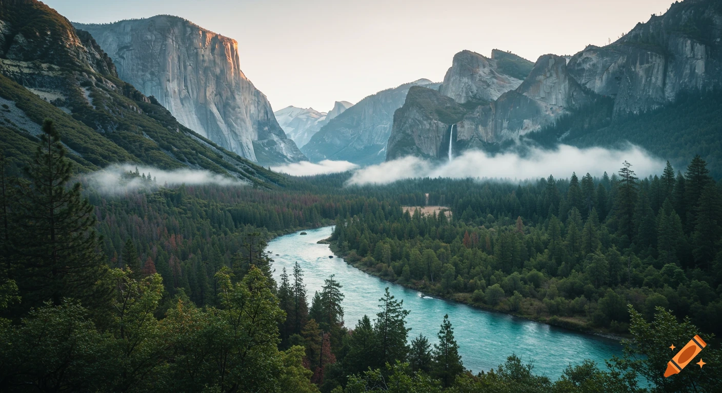 River flowing through a forest valley surrounded by mountains with fog and a waterfall.
