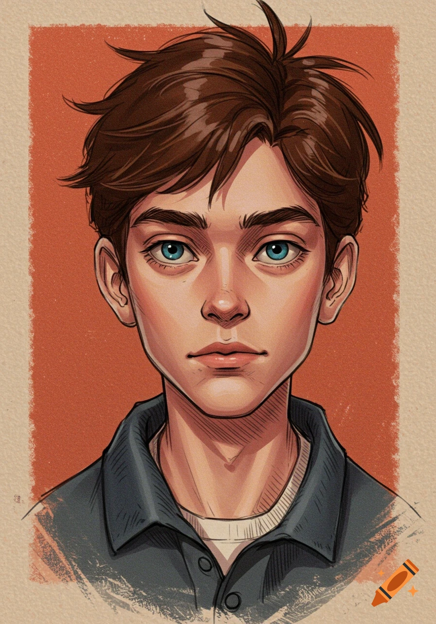 Portrait of a young male with brown hair and blue eyes.